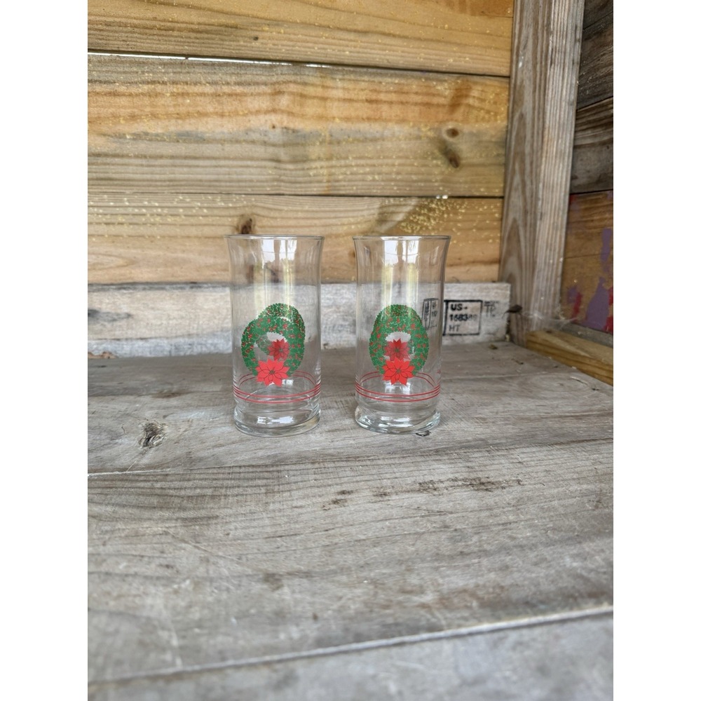 Vintage Libbey Christmas Glasses Wreath Poinsettia Holly Berry 10 Oz Set Of 2‎